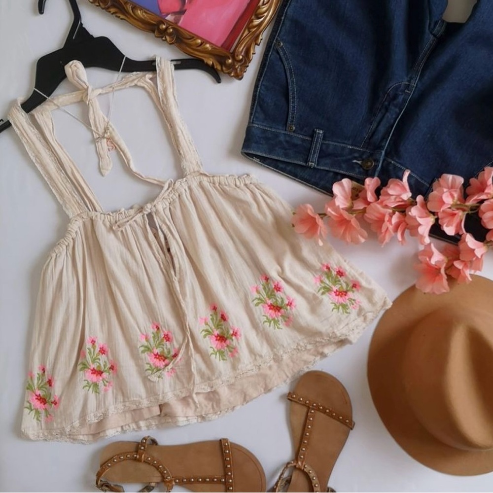 Free People Cream Embroidered Floral Peasant Crop Camisole